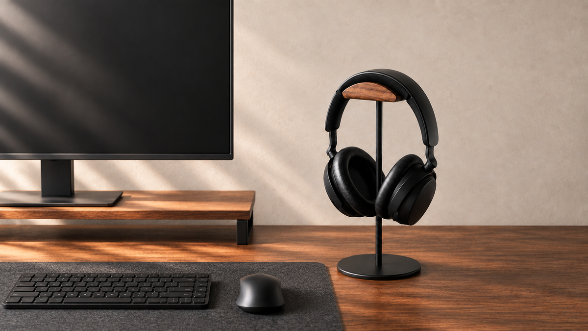 Warm walnut desk setup with a monitor and riser, felt desk mat, keyboard, mouse and black headphone stand in soft daylight.